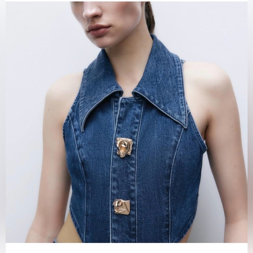 Amazon Dark Blue Denim Jumpsuit with Gold Accent Buttons - Picture 5 of 15